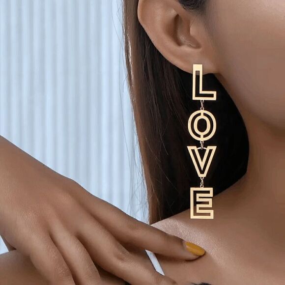 LOVE Golden Dangle Earrings - Picture 1 of 6